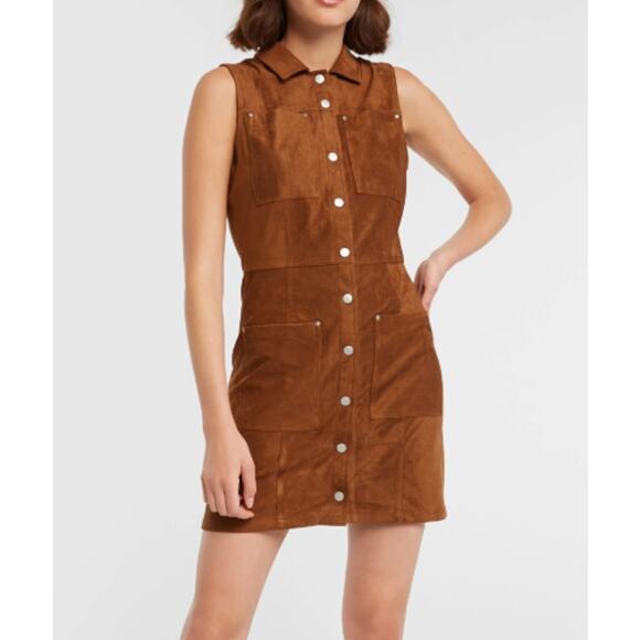 BB Dakota 4 Saddle Brown Faux Suede Heaven Mini Shirt Dress Sleeveless Button - Picture 12 of 12